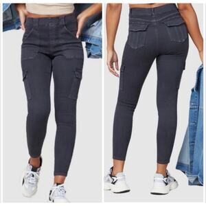 Spanx Stretch Twill Ankle Cargo Pant Sz XS Petite Washed Black High Rise Pull On